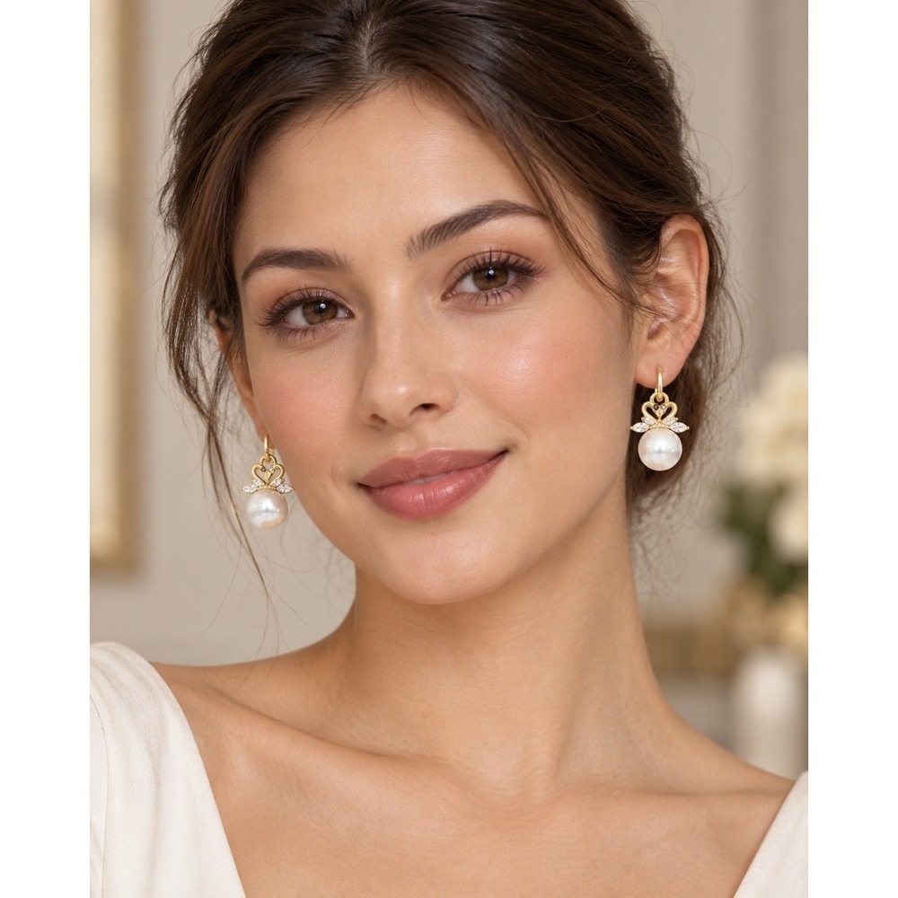 Gold Tone Swan Heart Faux Pearl Crystal Drop Earrings NEW